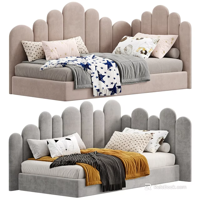 Children's Bed With Scalloped Headboard Multiple Pillows And Cozy Patterned Blankets 3d model 