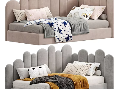 Children's Bed With Scalloped Headboard Multiple Pillows And Cozy Patterned Blankets 3d model