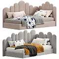 Children's Bed With Scalloped Headboard Multiple Pillows And Cozy Patterned Blankets