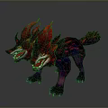 Fierce Two Headed Wolf Mythical Creature Fantasy Character With Red Flaming Mane And Glowing Eyes