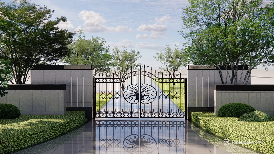 Building Exterior Wall With Decorative Iron Gate And Lush Greenery Landscaping 3d model 