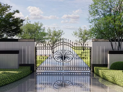 Building Exterior Wall With Decorative Iron Gate And Lush Greenery Landscaping 3d model