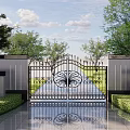 Building Exterior Wall With Decorative Iron Gate And Lush Greenery Landscaping