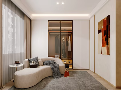 Modern Walk-in Closet With White Cabinetry Glass Doors Curved Sofa Gray Rug And Wall Painting 3d model