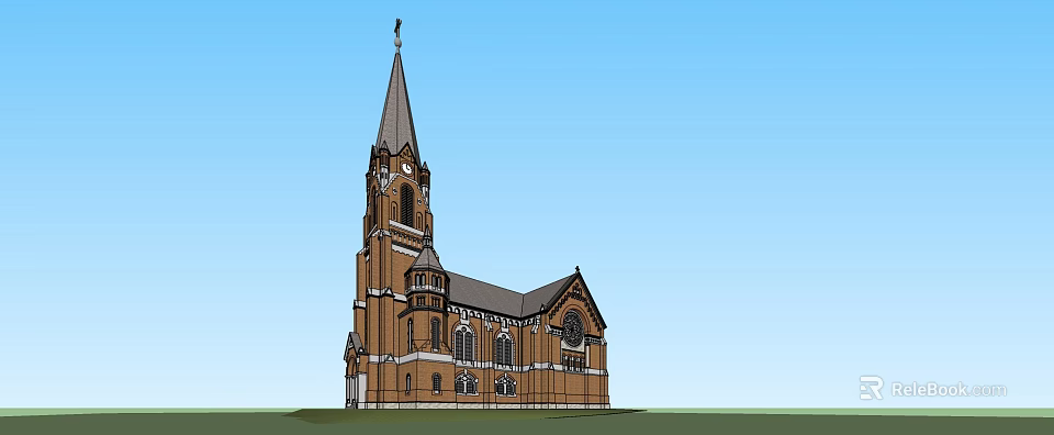 Gothic Style Commercial Complex With Red Brick Exterior Spire And Architectural Windows 3d model 