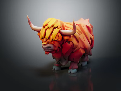 Low Poly Yak Model Featuring Orange Red Yellow Fur White Horns And 3D Art Style 3d model