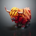Low Poly Yak Model Featuring Orange Red Yellow Fur White Horns And 3D Art Style