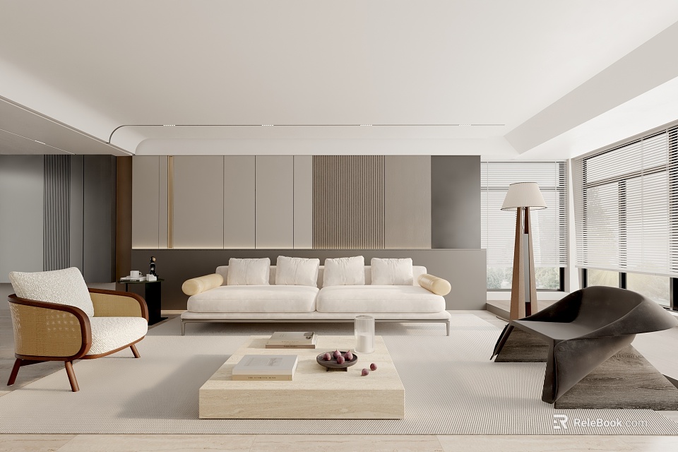 Modern Living Room Interior Design With Light Sofa Wooden Coffee Table And Floor Lamp 3d model 