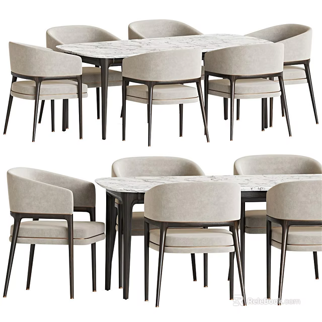 Modern Dining Table Set with Beige Upholstered Chairs Black Legs and Marble Top 3d model 