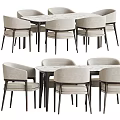 Modern Dining Table Set with Beige Upholstered Chairs Black Legs and Marble Top
