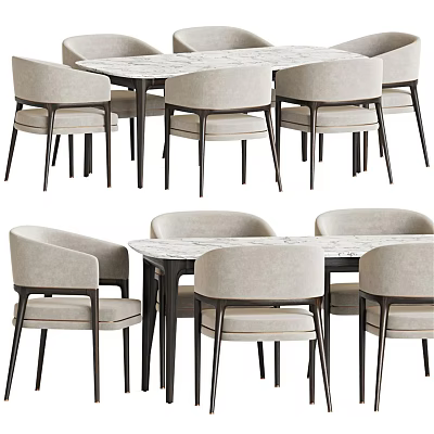 Modern Dining Table Set with Beige Upholstered Chairs Black Legs and Marble Top 3d model
