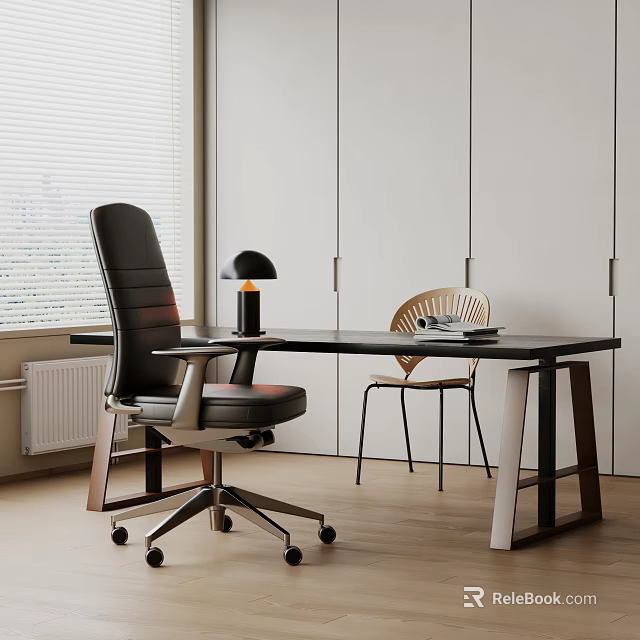 Modern Black Desk With Leather Office Chair Wooden Chair Black Lamp White Cabinets And Blinds 3d model 