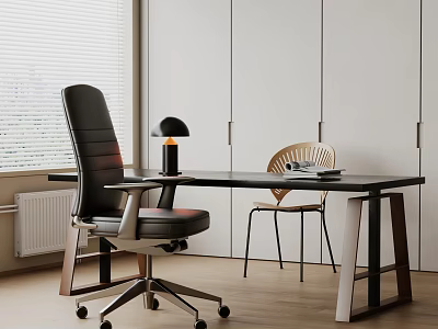 Modern Black Desk With Leather Office Chair Wooden Chair Black Lamp White Cabinets And Blinds 3d model