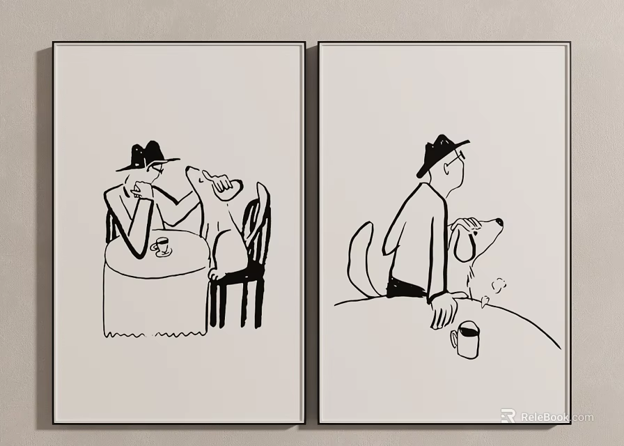 Two Black And White Cartoon Artworks Showing Person And Dog At Table With Cup 3d model 