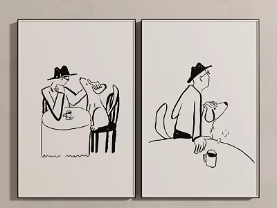 Two Black And White Cartoon Artworks Showing Person And Dog At Table With Cup 3d model