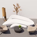 Modern White Sofa and Black Coffee Table Set with Beige Chairs and Plant Decor