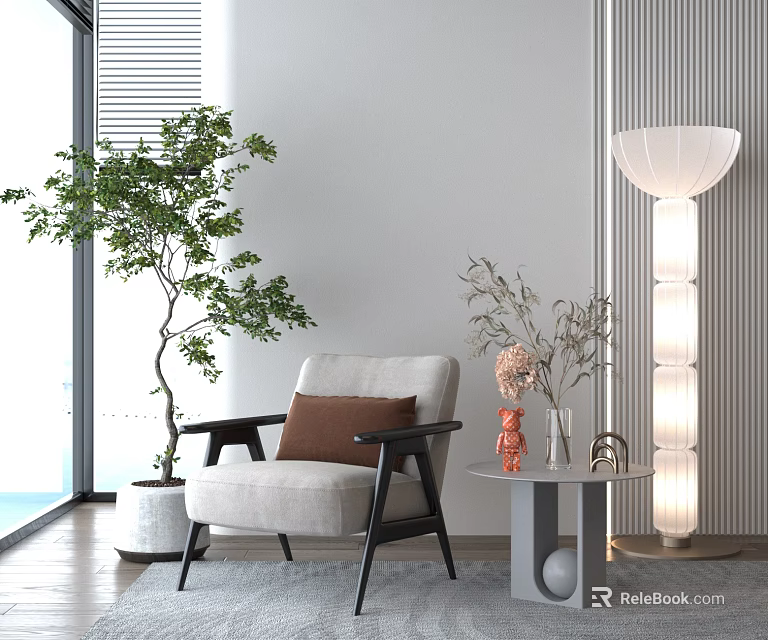 Modern Living Room Armchair With Brown Cushion Floor Lamp And Potted Plant 3d model 