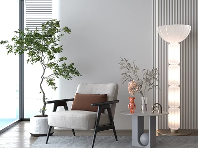 Modern Living Room Armchair With Brown Cushion Floor Lamp And Potted Plant 3d model
