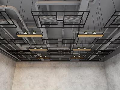 Modern Ceiling Design with Geometric Metal Frames and Hanging Lighting Fixtures 3d model