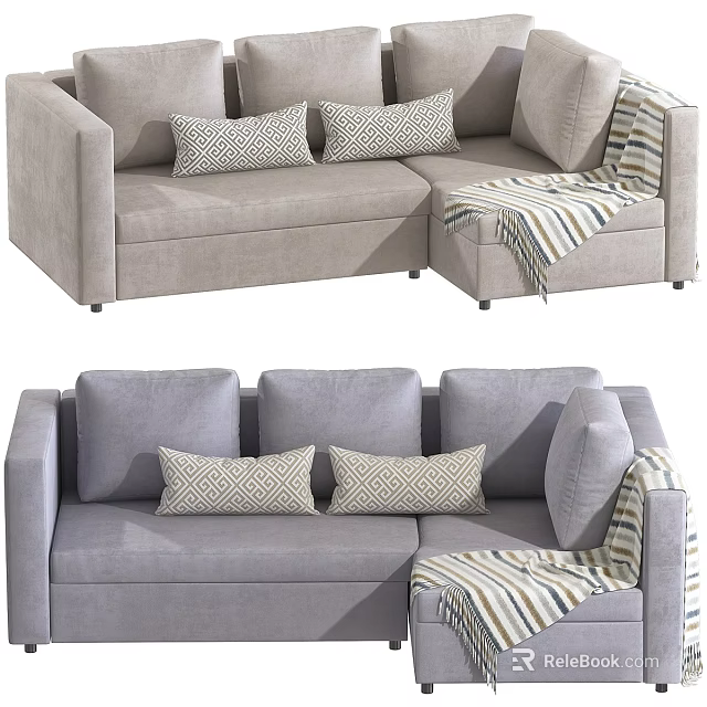 Modern Light Gray Sectional Sofa With Accent Pillows And Striped Throw Blanket 3d model