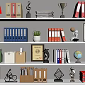 Organized Office Shelf With Colorful Folders Books Trophies And Decorative Items