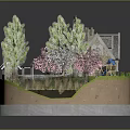 Cartoon Scene with Small House Trees Pink Flowers Blue Car and Green Grass Path