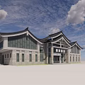 Traditional Chinese Style Visitor Center With Overhanging Eaves Stone Walls And Glass Windows