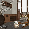 Wooden Leisure Rocking Chair With Patterned Cushions In Cozy Interior And Vase Branches
