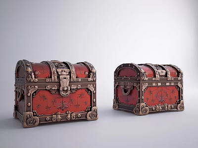 Two Red Decorative Chests with Intricate Carvings and Metal Fittings Vintage Style 3d model