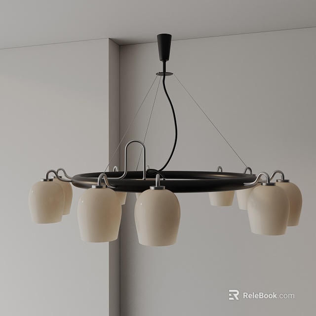 Modern Black Frame Chandelier With Multiple White Ceramic Shades For Living Room 3d model 