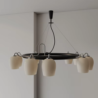 Modern Black Frame Chandelier With Multiple White Ceramic Shades For Living Room 3d model