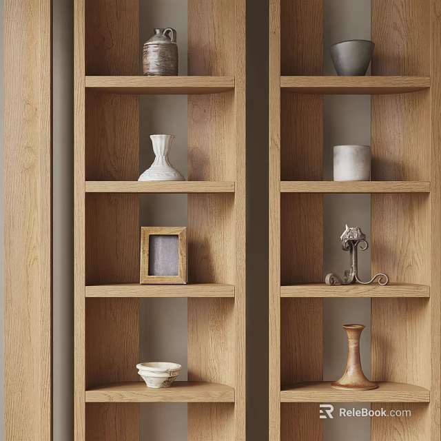 Natural Decorative Ornament Combinations on Wooden Shelves with Vases Photo Frame and Candlestick 3d model 
