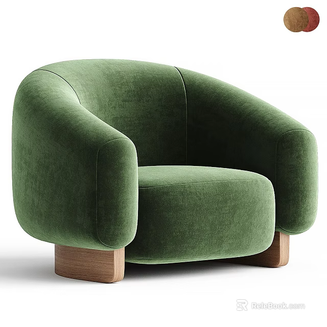 Modern Green Velvet Armchair With Rounded Arms And Wooden Legs Design 3d model 