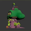 Whimsical Cartoon Treehouse Scene With Green Canopy Pink Trunk Red Door Windows And Little Houses
