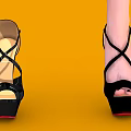 Black High Heels With Red Heels On Yellow Background One Foot Wearing The Other Beside