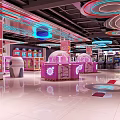 Vibrant Modern Indoor Space With Pink Kiosks Neon Lights Circular Floor Patterns