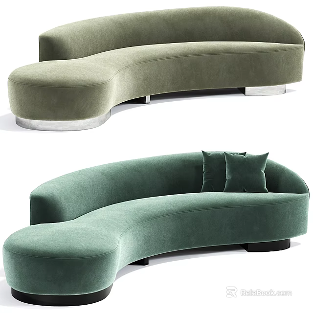 Curved Sage Green Velvet Sofa with Decorative Pillows and Sleek Metal Base Design 3d model 