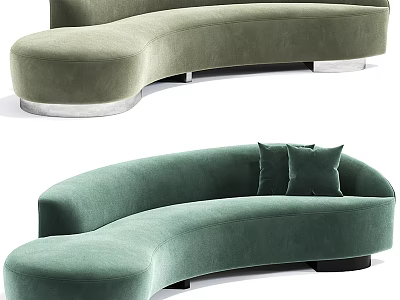 Curved Sage Green Velvet Sofa with Decorative Pillows and Sleek Metal Base Design 3d model