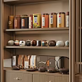 Traditional Chinese Tea Set Display on Wooden Shelf with Tea Canisters Cups and Pots