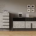 Modern Patterned Entryway Cabinet and Side Cabinet with Black Frame Vase Books and Picture Frames
