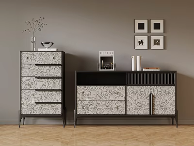 Modern Patterned Entryway Cabinet and Side Cabinet with Black Frame Vase Books and Picture Frames 3d model