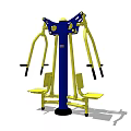 Outdoor Fitness Equipment With Yellow Seats Blue Pole And Multi Person Exercise Handles