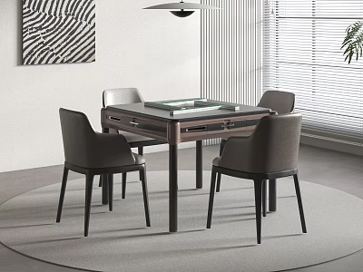 Modern Entertainment Table With Four Gray Chairs Pendant Light And Decorative Wall Art 3d model