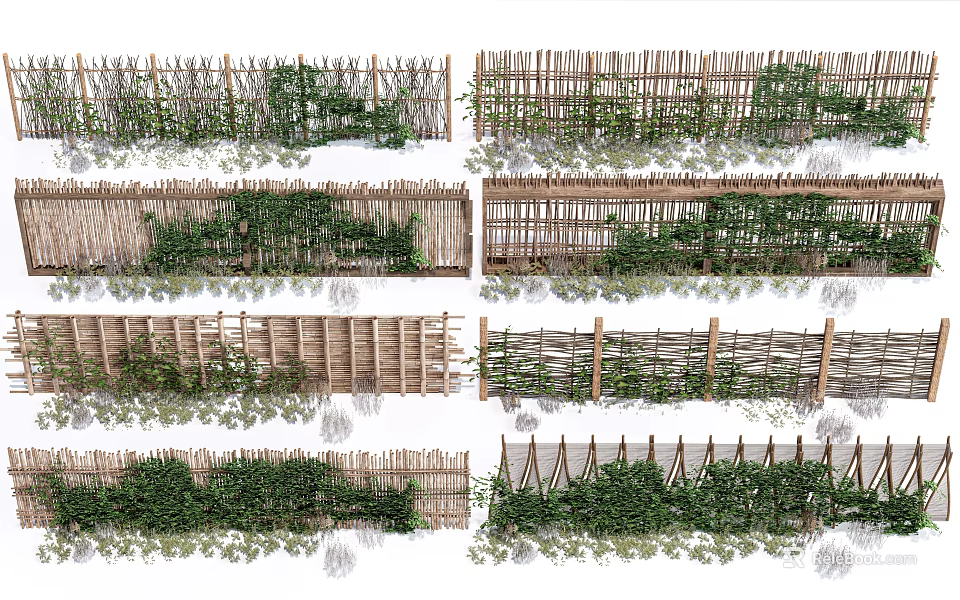 Various Bamboo And Wooden Garden Fences With Green Vines And Plants Design 3d model 