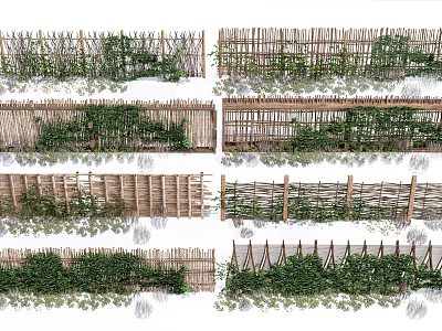 Various Bamboo And Wooden Garden Fences With Green Vines And Plants Design 3d model