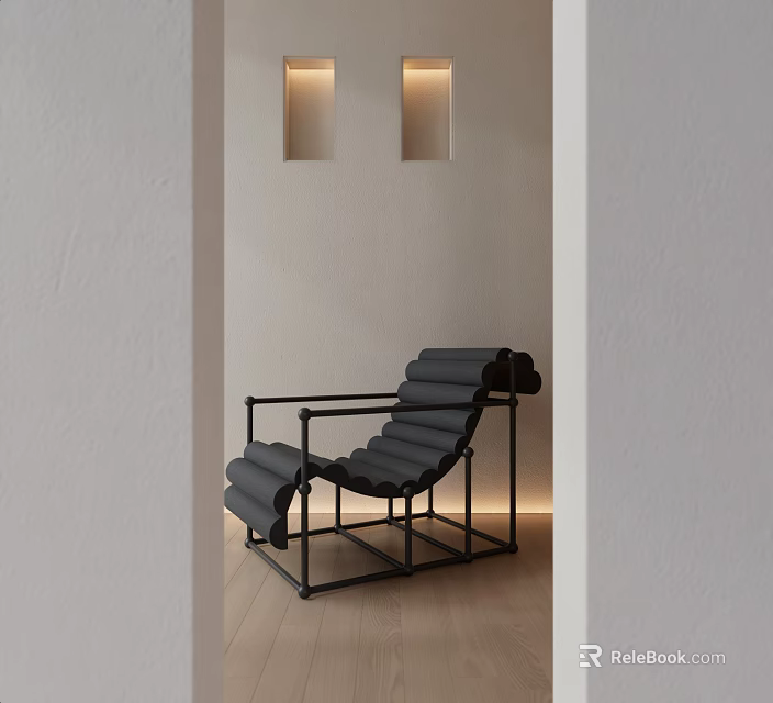 Modern Gray Chaise Lounge With Black Metal Frame On Wooden Floor And Light Beige Walls 3d model 