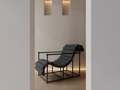 Modern Gray Chaise Lounge With Black Metal Frame On Wooden Floor And Light Beige Walls 3d model