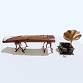 Vintage and Traditional Musical Instruments Featuring Phonograph and Guzheng with Wooden Frames and Brass Horn