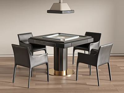 Square Dining Table With Glass Top Black Chairs Gold Base And Hanging Lamp 3d model
