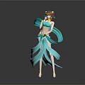 Anime Character Wearing Blue Costume With Cat Ears Flowing Ribbons And Yellow Decorations